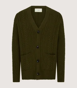 Knitwear|Purdey Men's Cashmere Cable And Rib V Neck Cardigan In Military