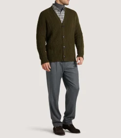 Knitwear|Purdey Men's Cashmere Cable And Rib V Neck Cardigan In Military