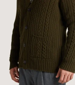 Knitwear|Purdey Men's Cashmere Cable And Rib V Neck Cardigan In Military