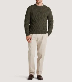 Knitwear|Purdey Men's Cashmere Loch Cable Crew Neck Sweater In Loden
