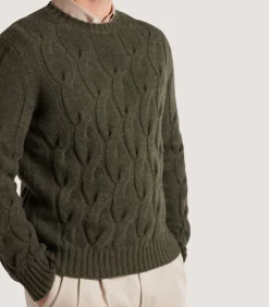 Knitwear|Purdey Men's Cashmere Loch Cable Crew Neck Sweater In Loden
