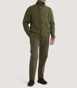 Knitwear|Purdey Men's Donegal Aran Full Zip Cardigan in Moss