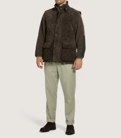 Sporting Vests & Gilets|Purdey Men's Suede Padded Gilet in Walnut