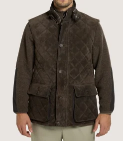 Sporting Vests & Gilets|Purdey Men's Suede Padded Gilet in Walnut