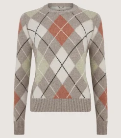 Knitwear|Purdey Women's Cashmere Argyle Crew Neck Sweater in Flint