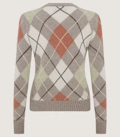 Knitwear|Purdey Women's Cashmere Argyle Crew Neck Sweater in Flint