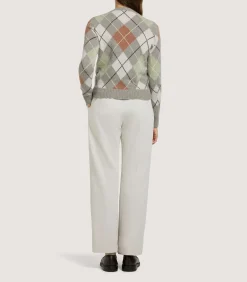 Knitwear|Purdey Women's Cashmere Argyle Crew Neck Sweater in Flint