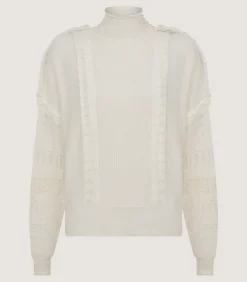 Knitwear|Purdey Women's Cashmere Sweater Blouse With Lace Trim In Ivory