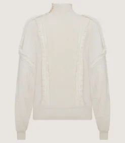 Knitwear|Purdey Women's Cashmere Sweater Blouse With Lace Trim In Ivory