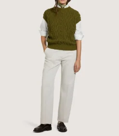 Knitwear|Purdey Women's Cotton Cashmere Aran Crew Neck Tank in Olive