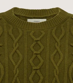 Knitwear|Purdey Women's Cotton Cashmere Aran Crew Neck Tank in Olive