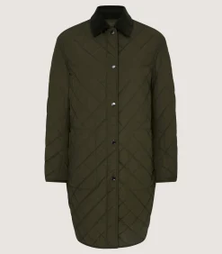 Outerwear|Purdey Women's Long Quilted Jacket in Dark Olive